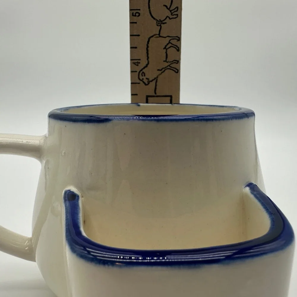 Vintage Ceramic Shaving Cream Mug with Side Brush Pocket Blue Rim Cream Pottery